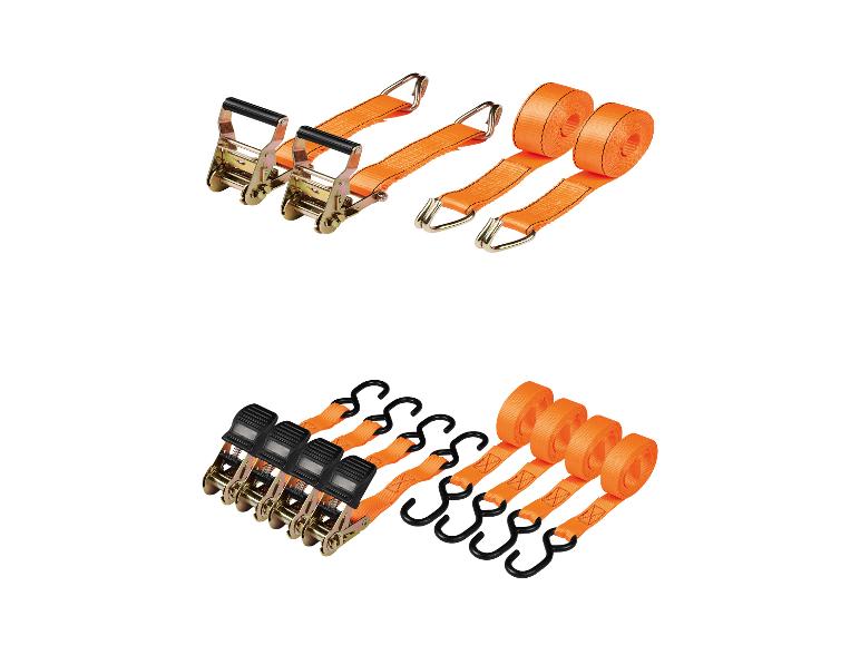 Deux ensembles de sangles à cliquet orange et crochets, sur fond blanc.