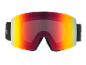 Masque de ski avec verres miroirs aux teintes rouges, oranges et jaunes.