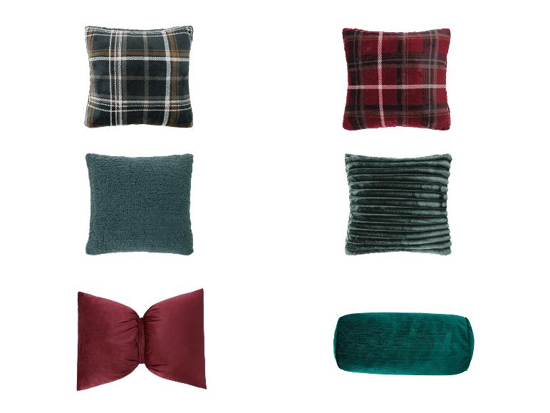 Coussins décoratifs: coussins à carreaux, unis et côtelés dans les tons verts et rouges