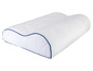 Un oreiller blanc avec une bordure bleue pour plus de confort pendant le sommeil.