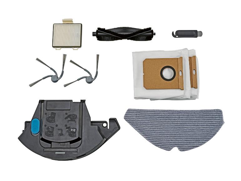 Pièces détachées pour robot aspirateur: filtre, brosse principale, brosses latérales, sacs et serpillière.
