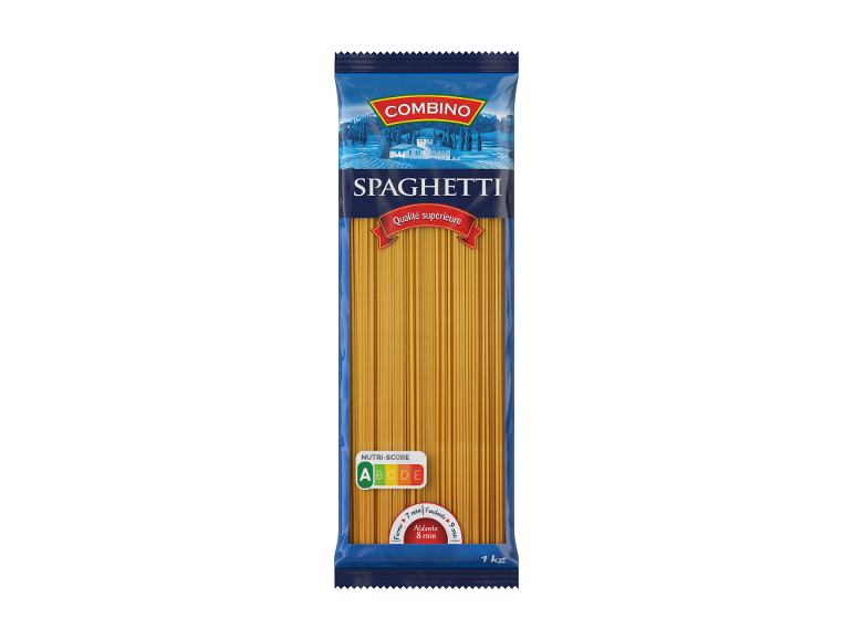 Paquet de spaghettis avec Nutri-Score A et temps de cuisson de 7 à 9 minutes, 1 kg.