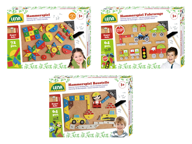 Jeu de marteau Lena avec des personnages, des véhicules et un chantier.