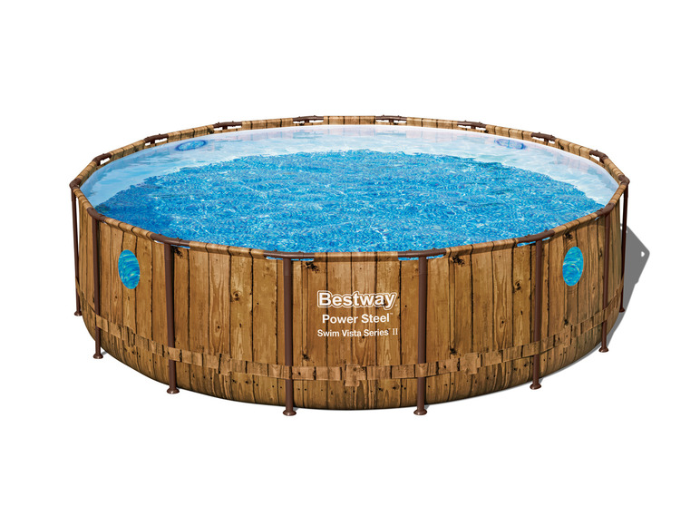 Une piscine Bestway Power Steel avec un motif en bois.