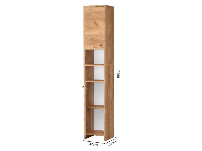 Armoire haute en bois avec porte supérieure et étagères ouvertes, dimensions 180x32x29cm.