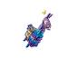 Un lama LEGO Fortnite violet et bleu avec une selle marron.