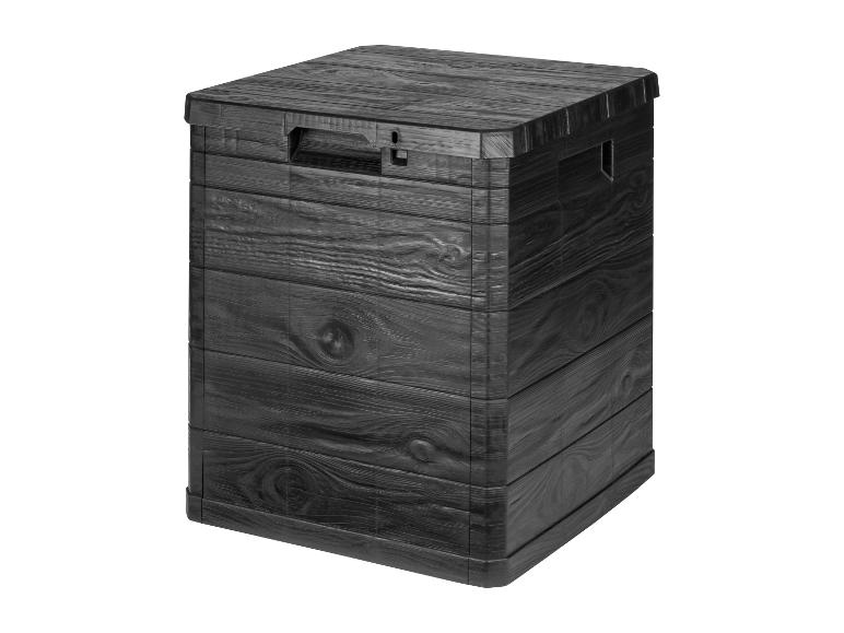 Une boîte de rangement noire avec un aspect bois.