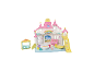 Château de jeu avec toboggan, balançoire, piano, table, chaises et figurine animale