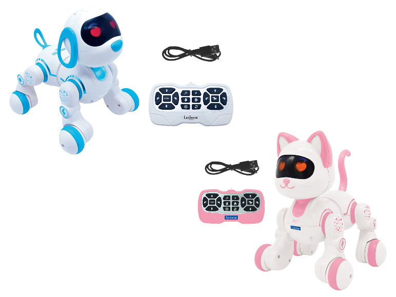 Chiot et chaton robots LEXIBOOK avec télécommandes et câbles de charge.