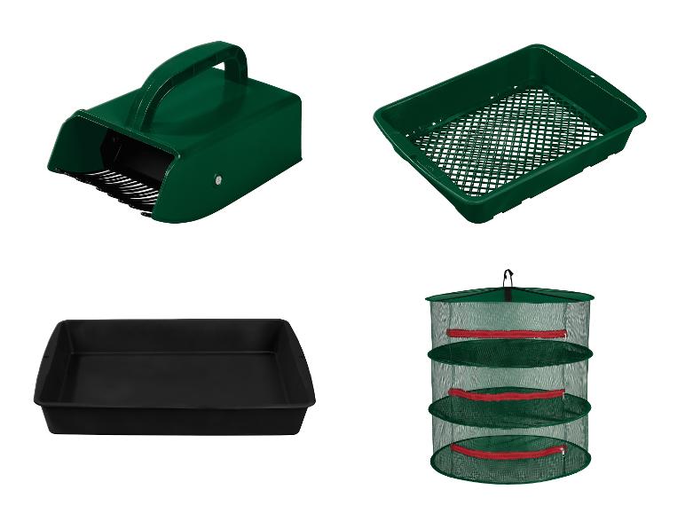 Récolteuse, tamis, bac et séchoir à trois niveaux pour jardinage.