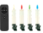 Télécommande et quatre bougies LED avec clips, éclairées de différentes couleurs.