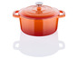 Une cocotte en fonte orange avec un couvercle.