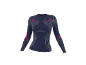 Haut de sport à manches longues bleu marine avec détails roses et gris.
