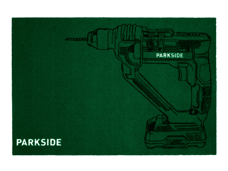 Illustration d'une perceuse sans fil Parkside sur fond vert.