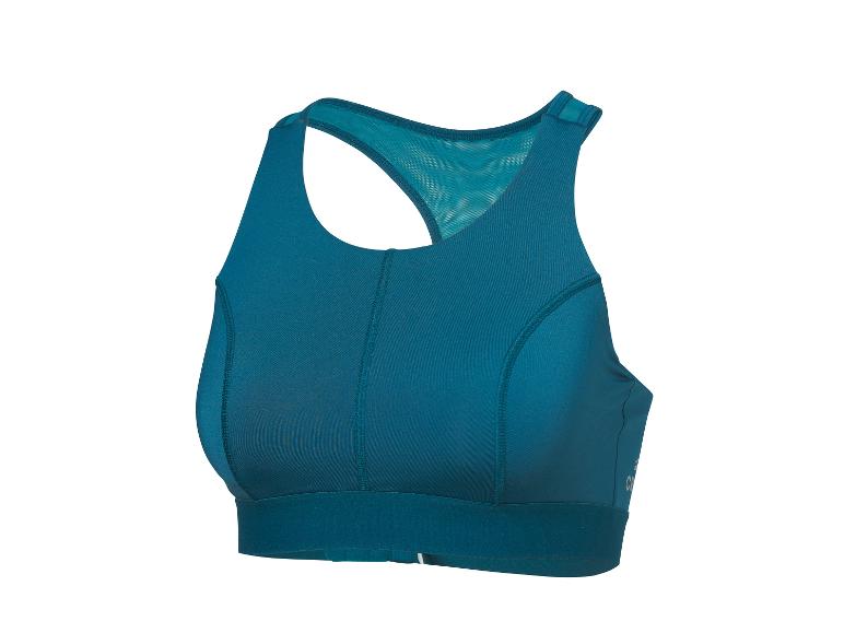 Brassière de sport turquoise avec dos nageur et détails en mesh.