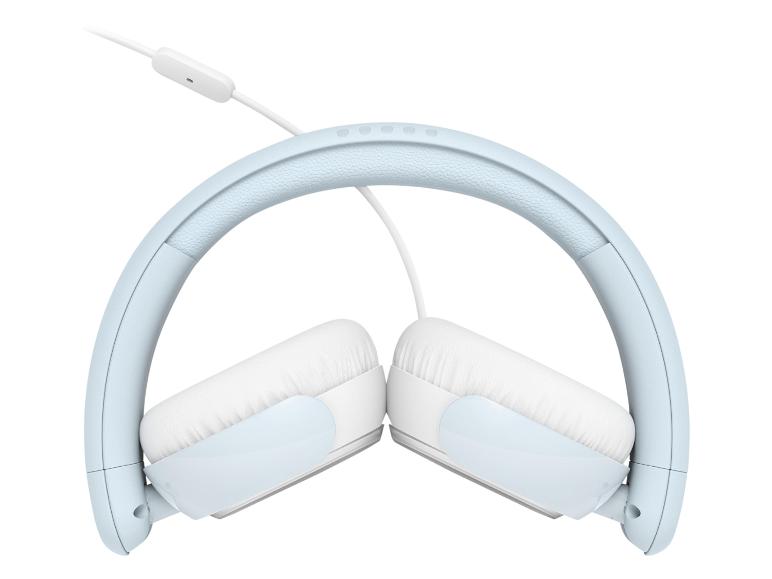 Casque supra-auriculaire pliable bleu clair avec coussinets blancs et câble.