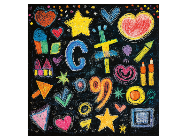 Dessins enfantins : cœurs, étoiles, formes géométriques et lettres colorées.