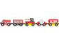 Train de pompiers en bois avec camion de pompiers, wagon de marchandises, barrière, tuyau et citerne.