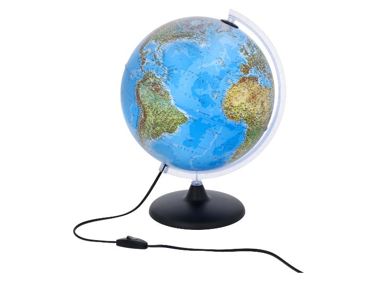 Globe éducatif lumineux, affichant une carte politique et physique du monde.