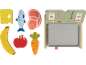 Aliments jouets en bois: fromage, poisson, steak, banane, pomme, carotte et balance jouet.
