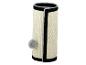 Griffoir pour chat beige en sisal avec bordures noires et une balle de jeu grise.