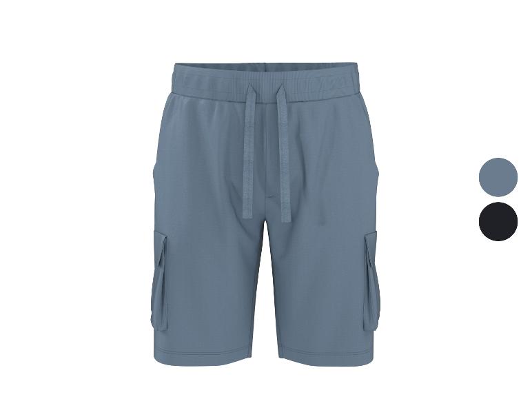 Shorts cargo bleus pour homme avec cordon de serrage à la taille, également disponibles en noir.