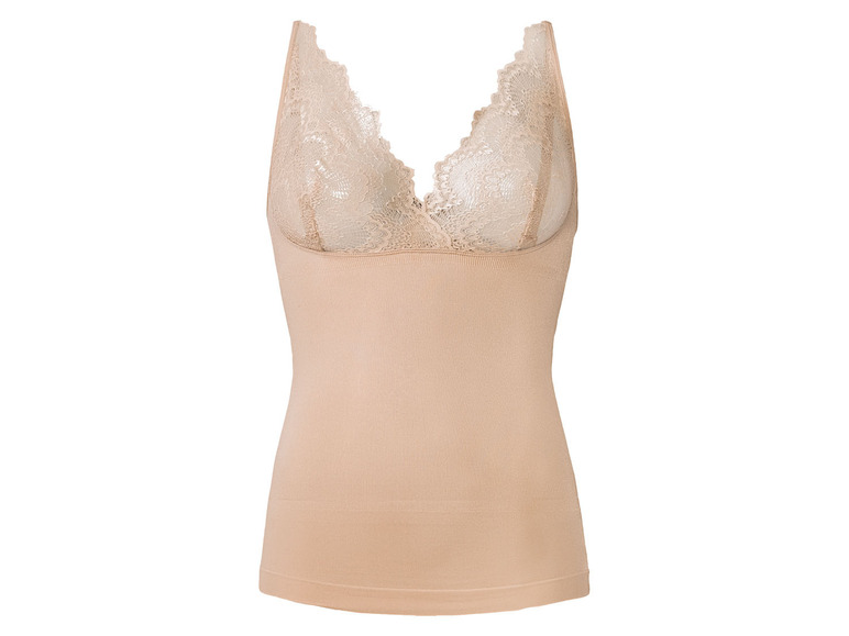 Un top beige avec soutien-gorge intégré et détails en dentelle.