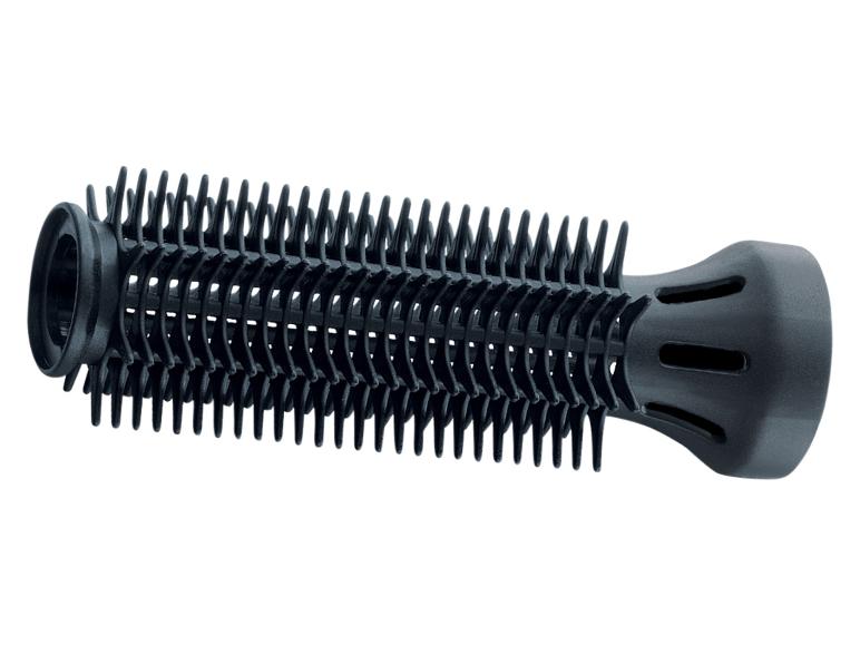 Un rouleau à cheveux noir avec une brosse en plastique.