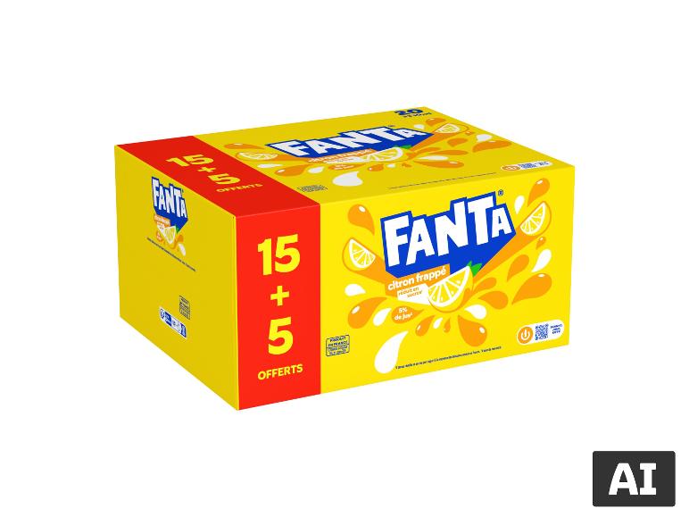 Pack de vingt canettes de boisson gazeuse au goût de citron [image générée par l'IA]