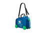 Une valise bleue à roulettes avec un motif Peppa Pig.