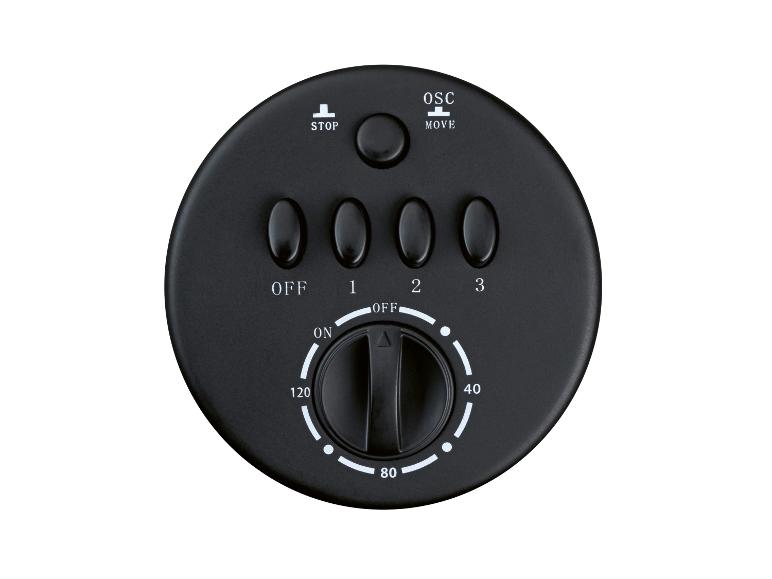 Panneau de commande de ventilateur noir avec boutons de vitesse, oscillation et minuterie.