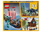 Ensemble LEGO Creator 3 en 1 avec un navire viking, un loup et une maison.