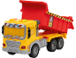 Camion benne jouet jaune et rouge avec panneaux d'avertissement et benne relevée.