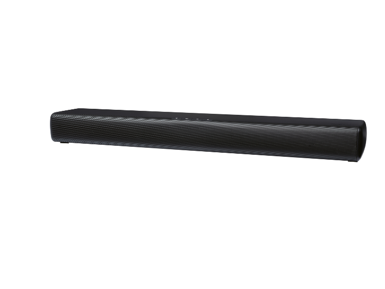 Barre de son noire avec grille perforée et boutons de commande sur le dessus