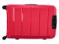 Une valise rouge à roulettes, vue de dessus.