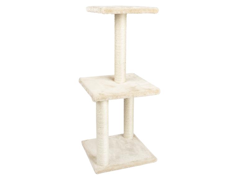 Arbre à chat beige à deux niveaux avec poteaux à griffer en sisal.