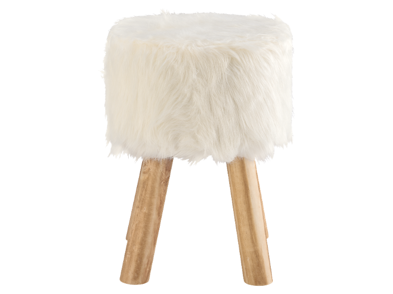 Tabouret en fausse fourrure blanche avec pieds en bois clair