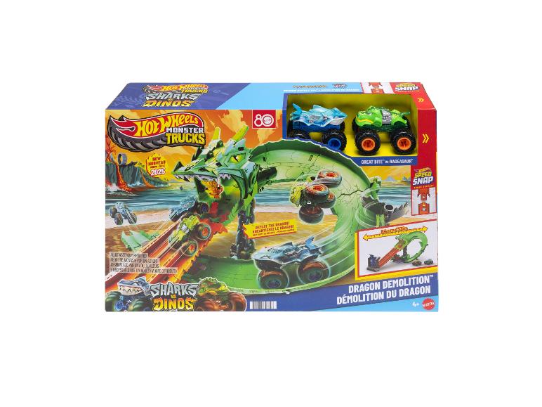 Ensemble de jeu de monster trucks avec un dragon, deux monster trucks et un système de piste.