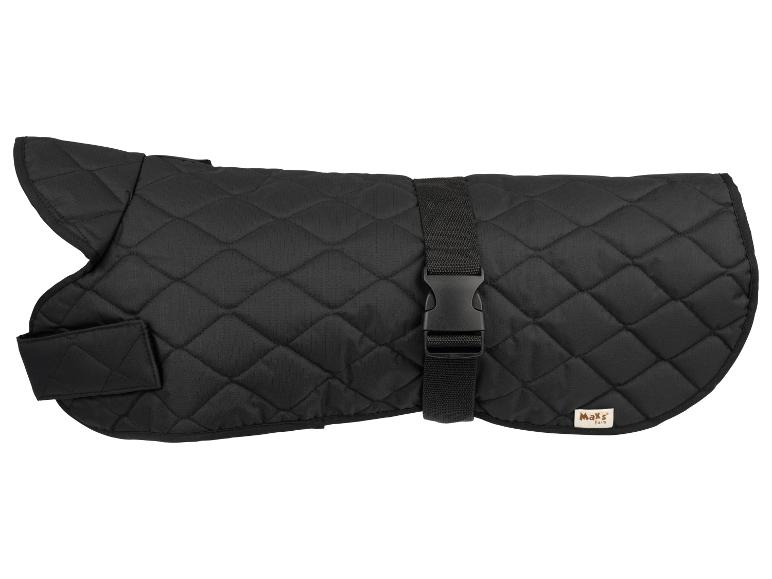 Manteau matelassé noir pour chien avec sangle réglable et boucle.
