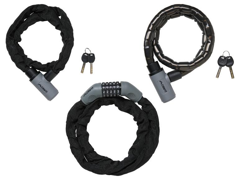 Trois antivols chaîne Crivit pour vélo : deux à clés, un à combinaison.