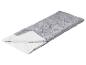 Sac de couchage gris avec une doublure intérieure blanche, partiellement ouvert.
