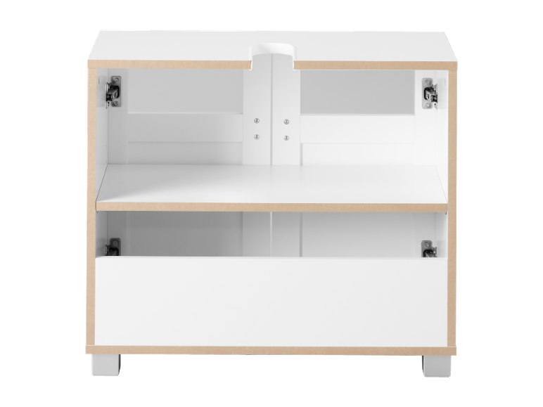 Meuble bas blanc avec deux étagères et découpe pour tuyaux, ouvert de face.