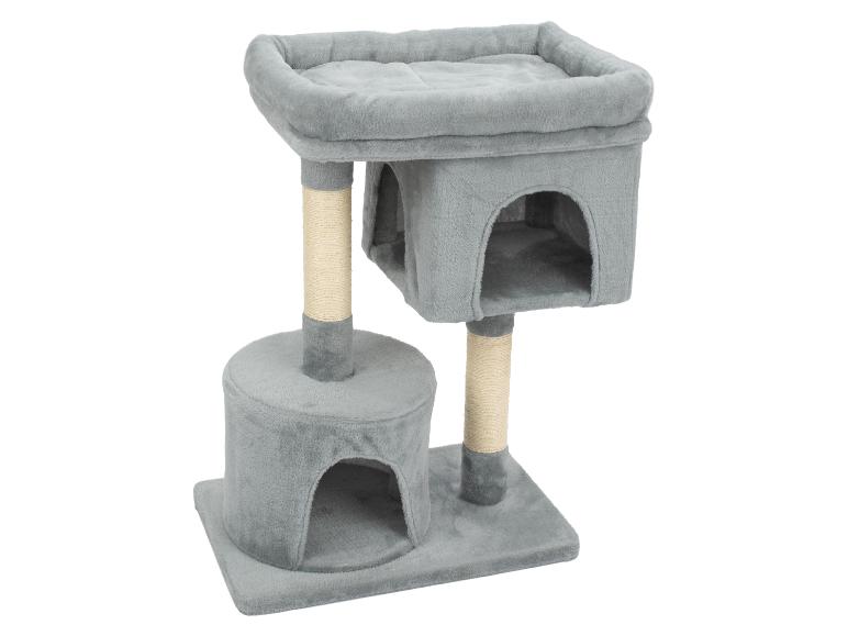 Arbre à chat gris à deux niveaux avec poteaux à griffer
