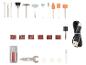 Ensemble d'accessoires pour outils rotatifs, comprenant des forets, des brosses, des pierres à polir, des bandes abrasives et un câble USB.