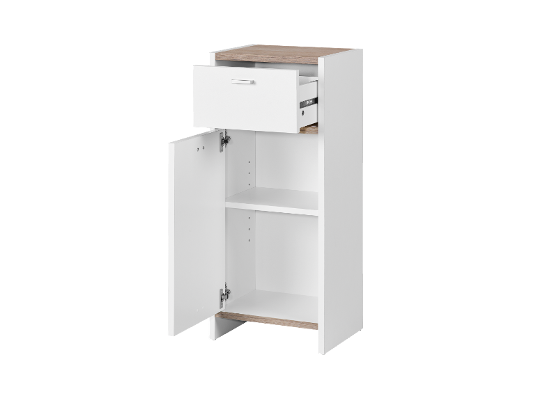 Une armoire blanche avec un tiroir et une porte, idéale pour le rangement.