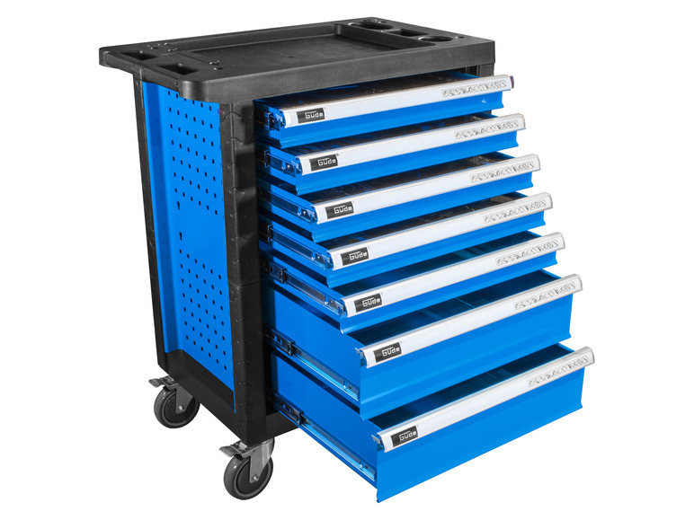 Un chariot à outils bleu avec six tiroirs de Güde.