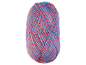 Pelote de fil multicolore avec des rayures violettes, roses, oranges et bleues.