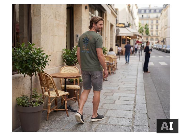 Homme portant un short en jean molletonné ESMARA MEN marchant dans une rue. [image générée par l'IA]