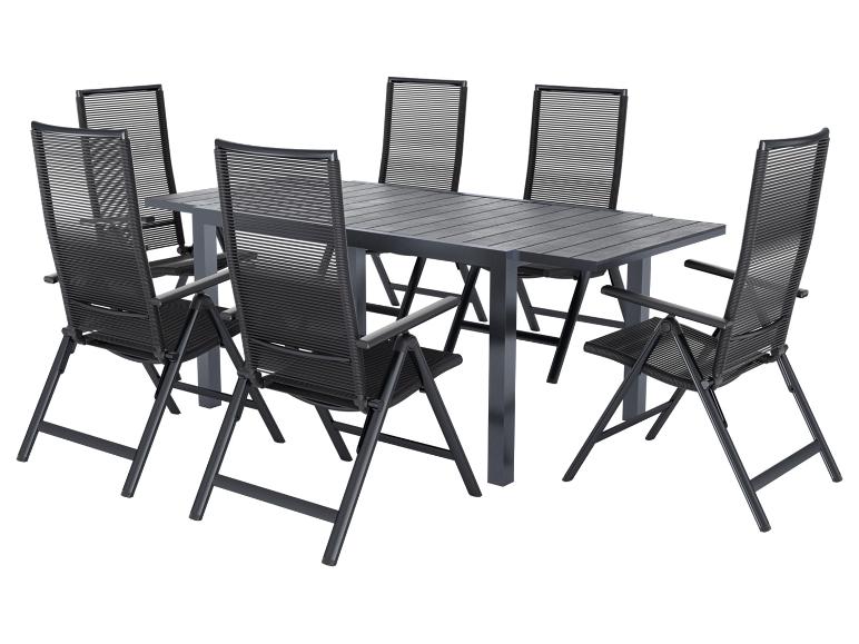 Ensemble de salle à manger d'extérieur avec table rectangulaire et six chaises pliantes, tout en gris foncé.