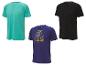 Trois t-shirts Crivit pour hommes, un turquoise, un noir et un violet avec un motif géométrique.